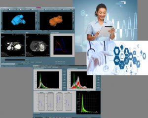 Montage of MRI scans, graphs Nurse and a concept image of a doctor point at an app.