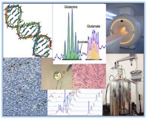 Montage of various scans, image of MRI scanner and graphs.
